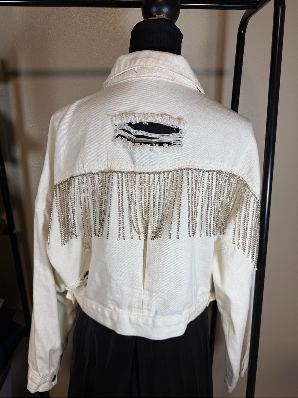 Ivory Cropped Denim Jacket with Silver Chain Fringe
